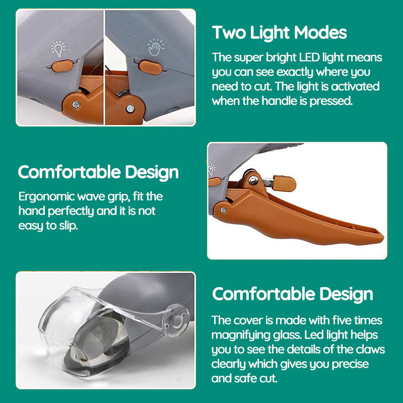 Ergonomic pet nail clippers featuring an LED light for enhanced visibility during dog & cat grooming.