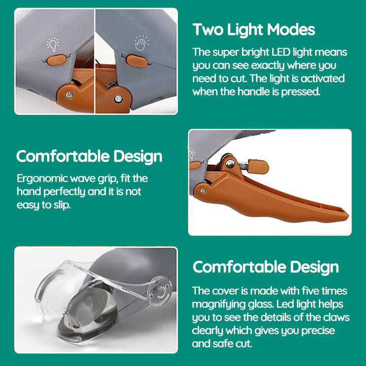 Ergonomic pet nail clippers featuring an LED light for enhanced visibility during dog & cat grooming.