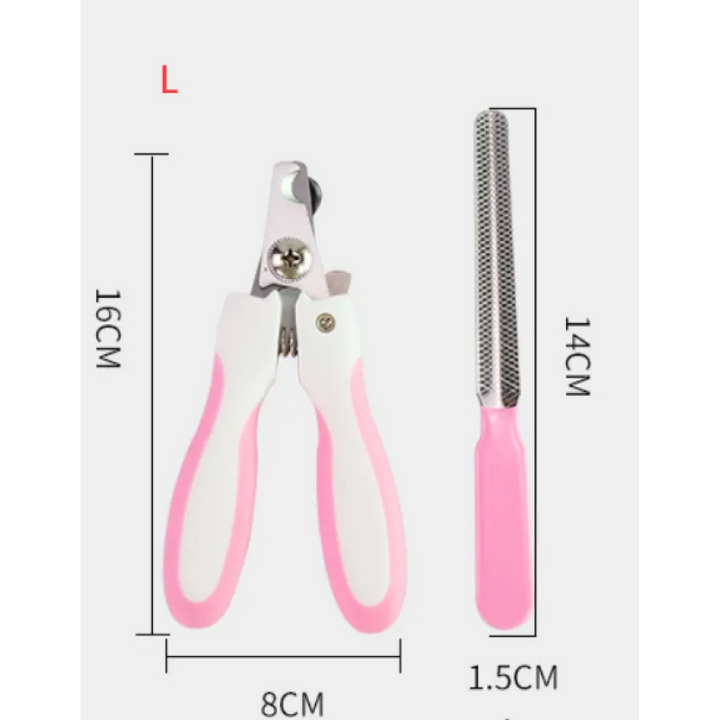 Side view of pet nail clippers showing the ergonomic design and integrated nail file.