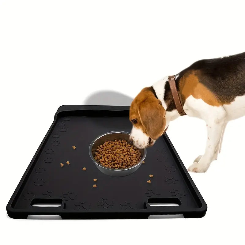 Pet non-slip food and water bowl mat, grey, with paw print design for dogs & cats.