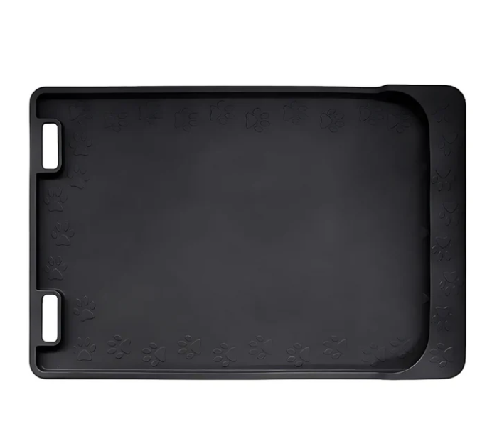 Easy-clean pet water bowl mat, non-slip, with raised edges to contain spills.