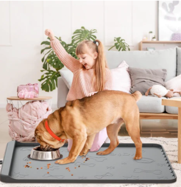 Pet food mat, non-slip base, in a neutral beige color, suitable for any home decor.