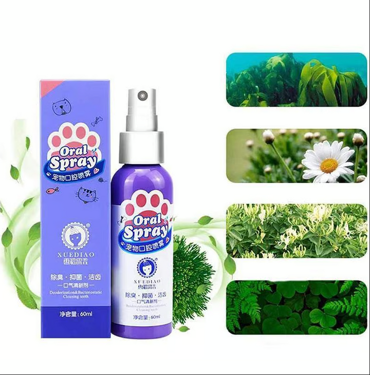 Pet oral care dental spray with dog and cat silhouette, essential for pet grooming
