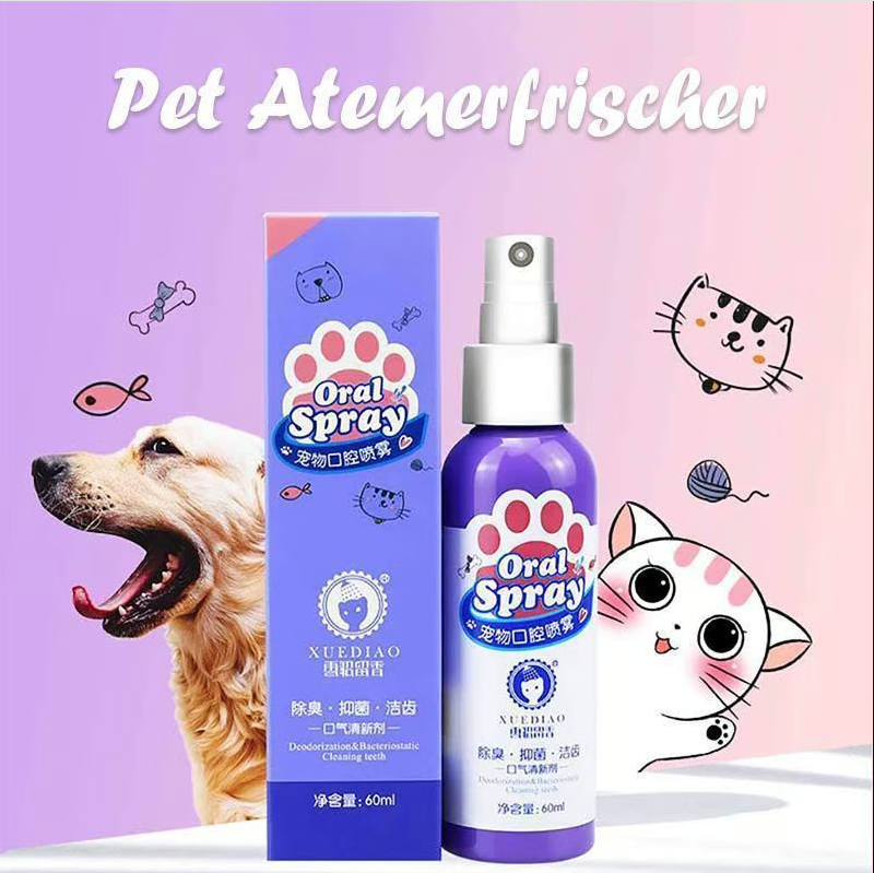 Happy dog with sparkling teeth after using pet oral care spray for optimal dental health
