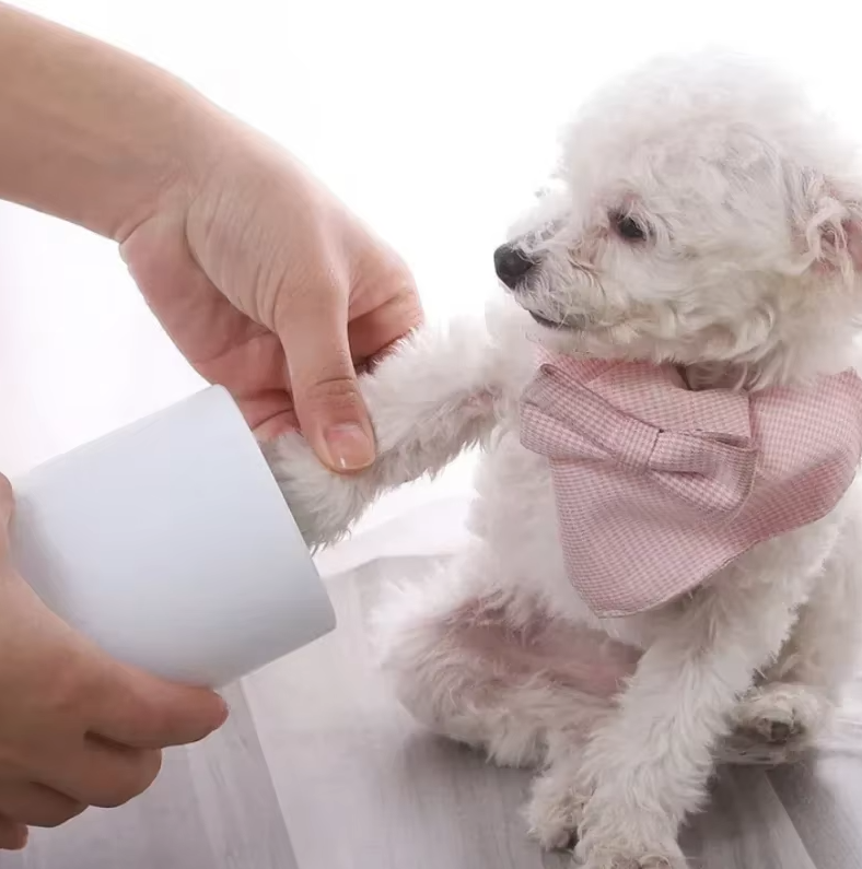 Pet paw cleaner with soft silicone brushes, perfect for dog and cat grooming and hygiene.