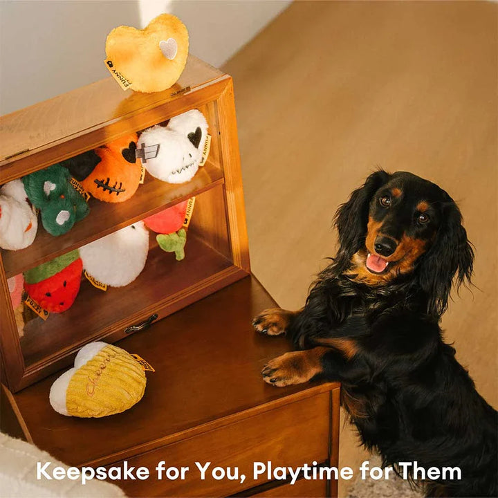 Collection of plush squeaker dog toys in a gift box, ideal pet gifts for small to medium dogs.
