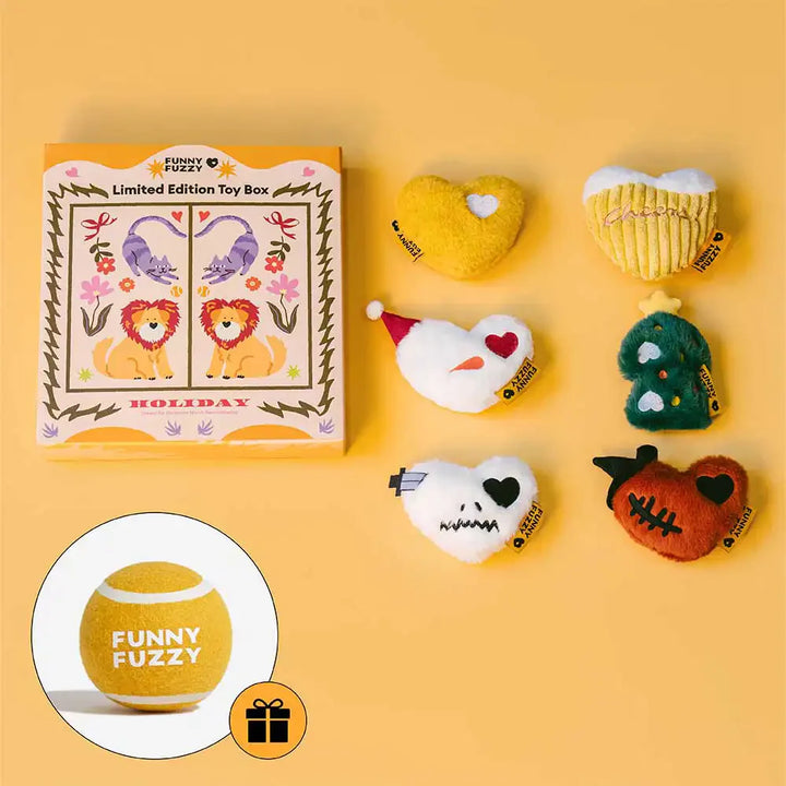 Pet squeaker toy box set featuring multiple plush dog toys, great for puppies and small dogs.