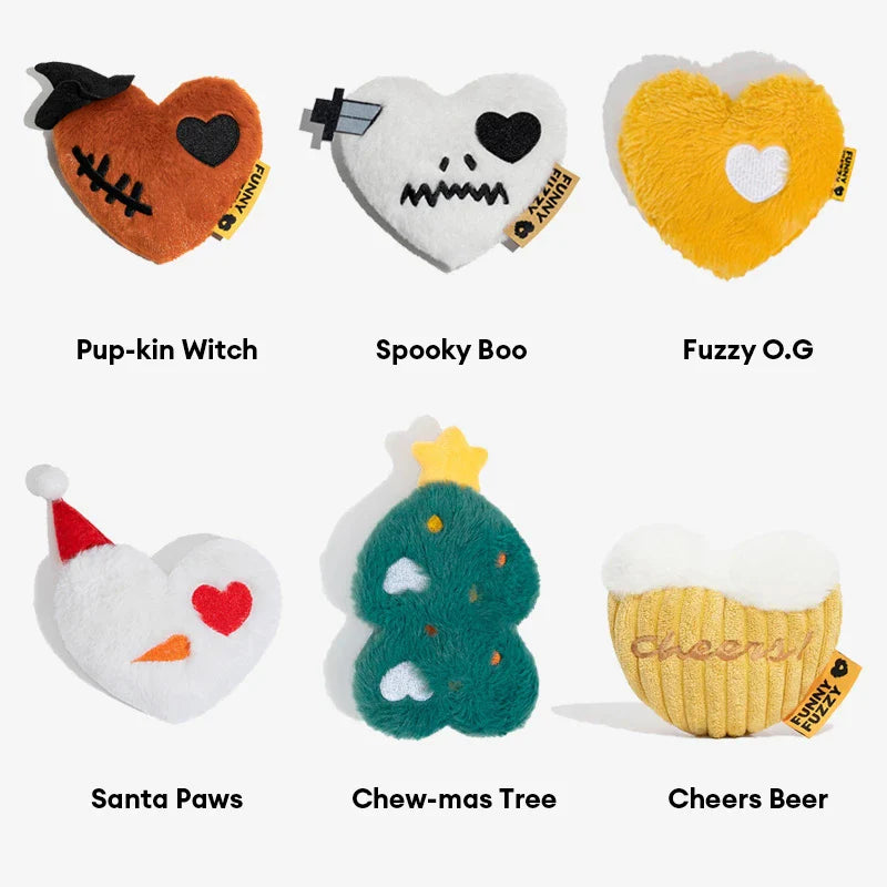 Three plush squeaker dog toys from a box set, durable and soft interactive pet accessories.