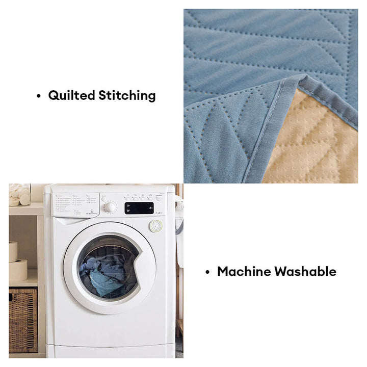 Blue Pet Proof Water-Resistant Blanket for bed, showcasing its easy-care and washable features.