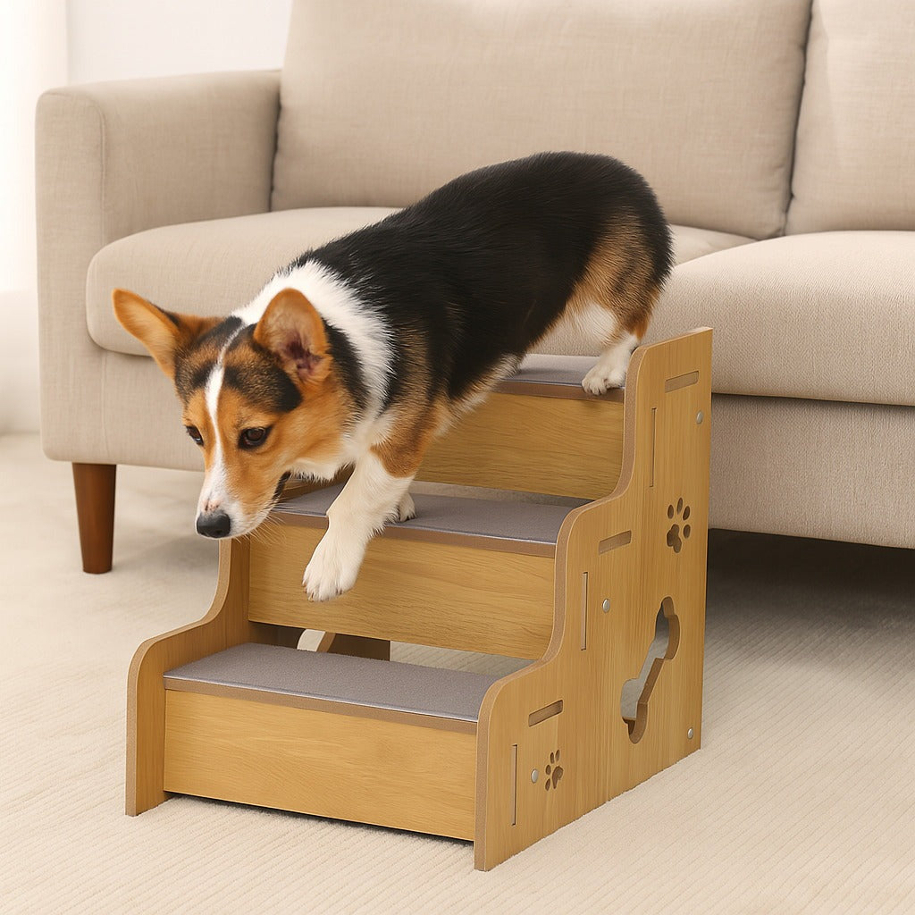 Durable wood step ramp, New4 pet safety design for cats and dogs, featuring non-slip surface.