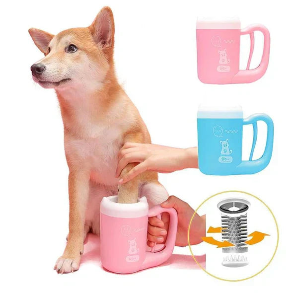 Aqua-colored dog paw cleaner cup, effective self-cleaning tool for pet grooming and mud removal