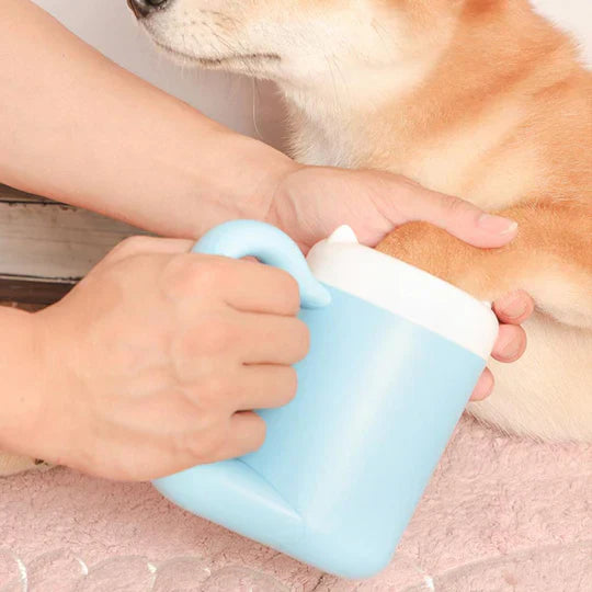 Pet Paw Washer Cup with its lid off, showing the soft silicone brushes ready for pet mud removal