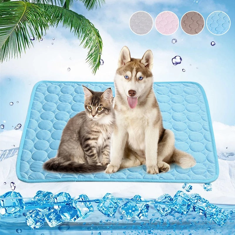 Close-up of a blue pet cooling mat, showing its smooth, easy-clean, non-toxic surface