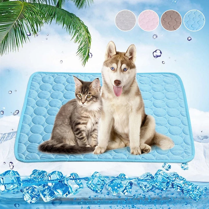 Close-up of a blue pet cooling mat, showing its smooth, easy-clean, non-toxic surface