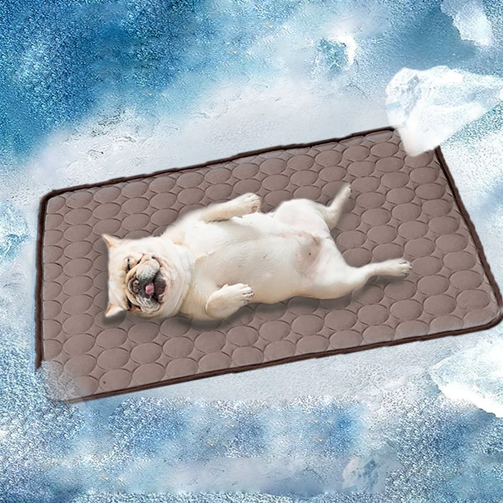 Cat napping soundly on a gel-infused cooling bed for pets, non-toxic and refreshing