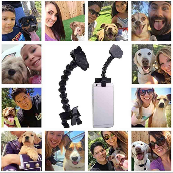 Pet photography phone attachment, universal selfie stick with built-in treat holder