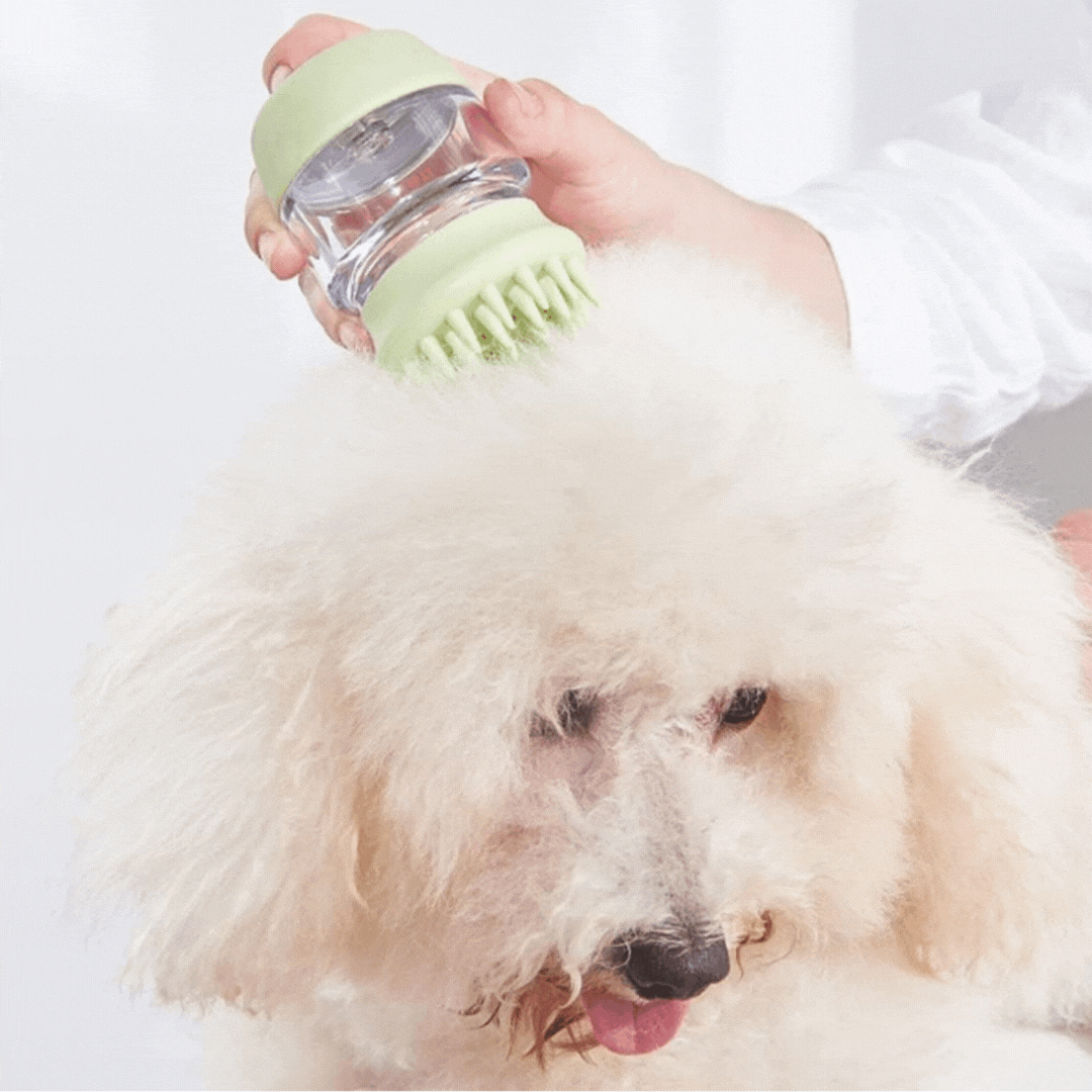 Pet shower bath brush with shampoo dispenser for gentle dog grooming and easy bathing