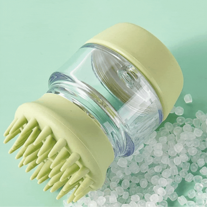Pet grooming tool: shower brush with built-in shampoo dispenser for a comfortable dog bath