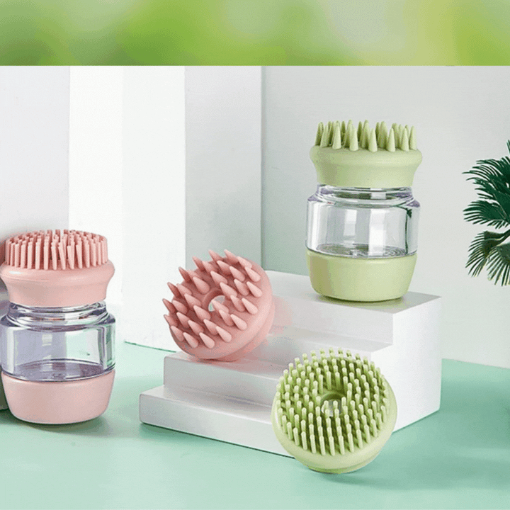 Hand holding pet shower bath brush with shampoo dispenser, demonstrating ease of use for pet care