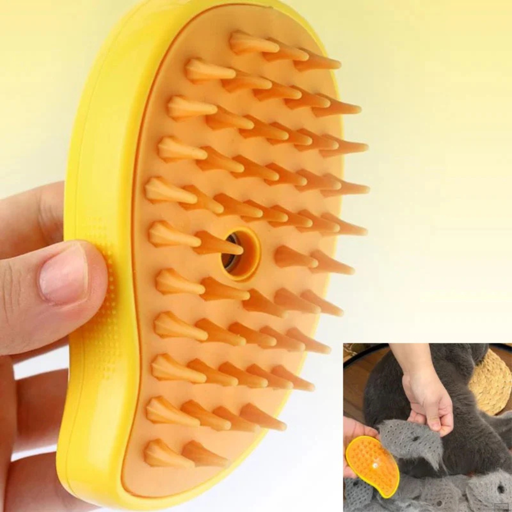 Ergonomic pet steam brush for dogs and cats, featuring innovative steam technology for effortless grooming.