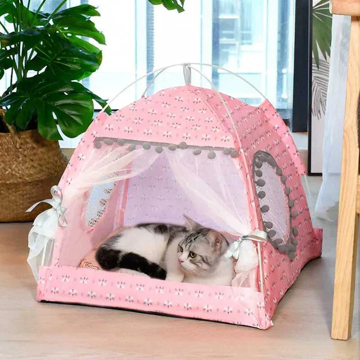 Pet tent with cover, cozy cat & small dog bed for indoor/outdoor use, featuring a soft mat