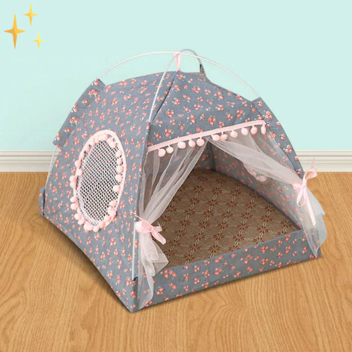 Portable pet tent bed, gray with a removable cover, ideal for a cozy indoor/outdoor cat or dog sanctuary