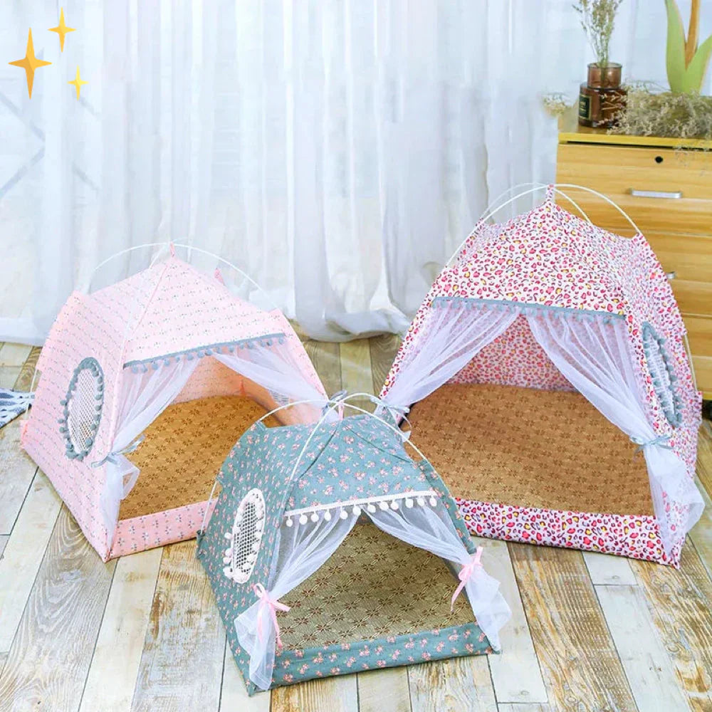Close-up of the fabric and stitching of the pet tent bed cover, highlighting quality for cats & small dogs
