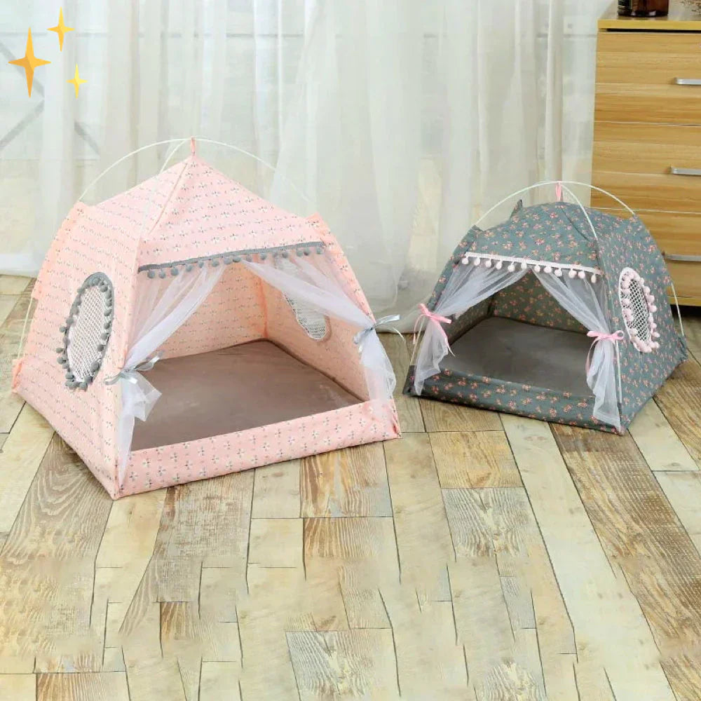 Pet tent bed for indoor/outdoor use, demonstrating its compact and portable design for cats and small dogs
