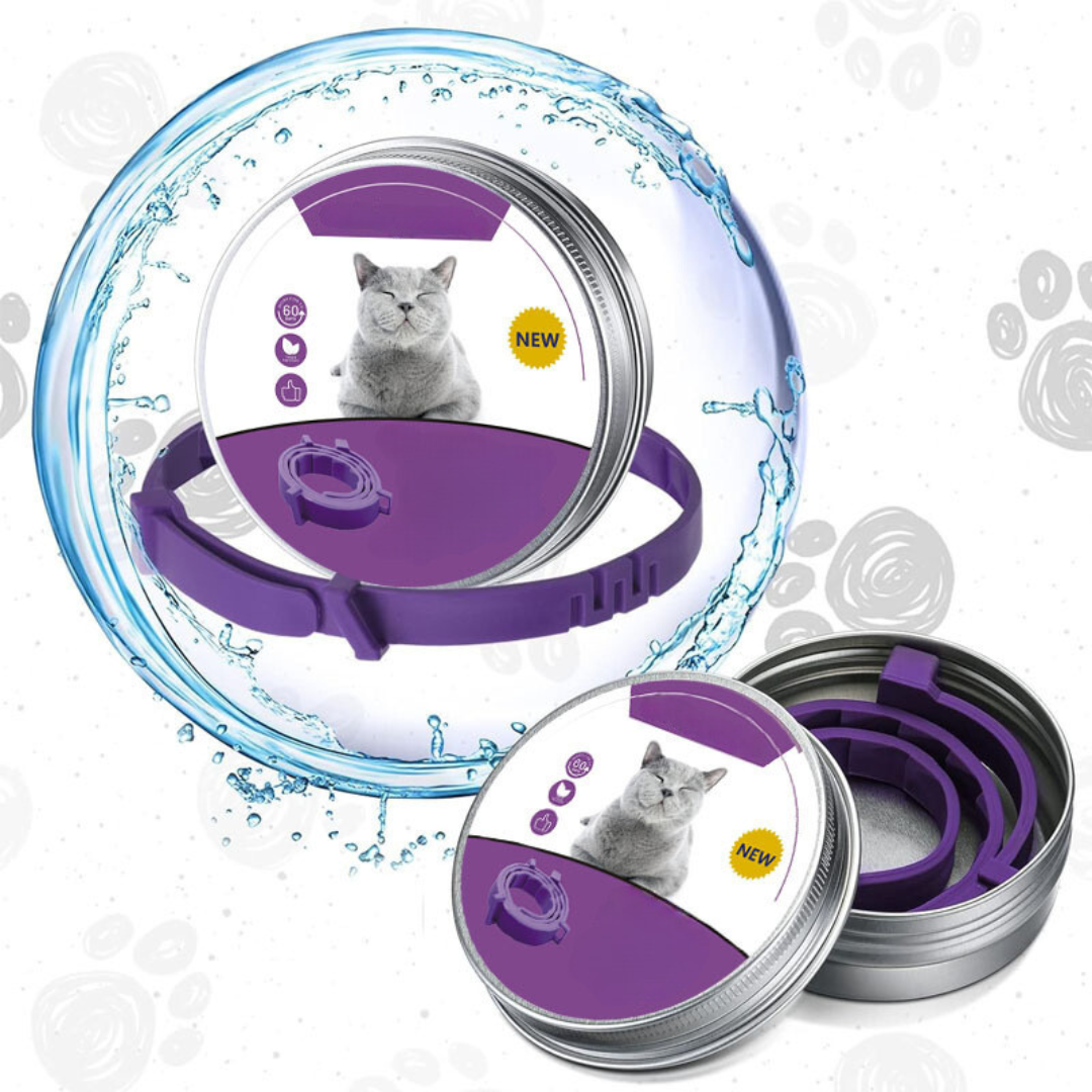 Packaging of a calming collar for dogs and cats, highlighting pheromone-infused stress relief product benefits.