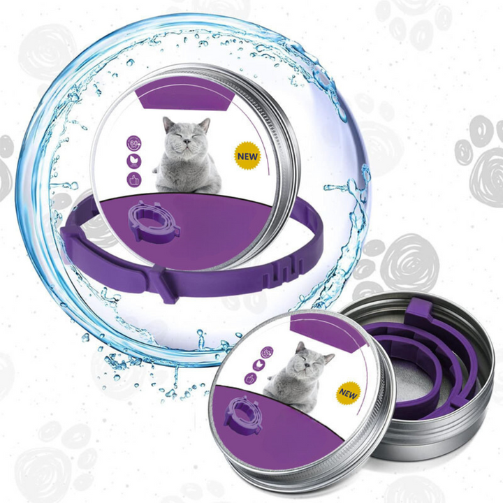 Packaging of a calming collar for dogs and cats, highlighting pheromone-infused stress relief product benefits.