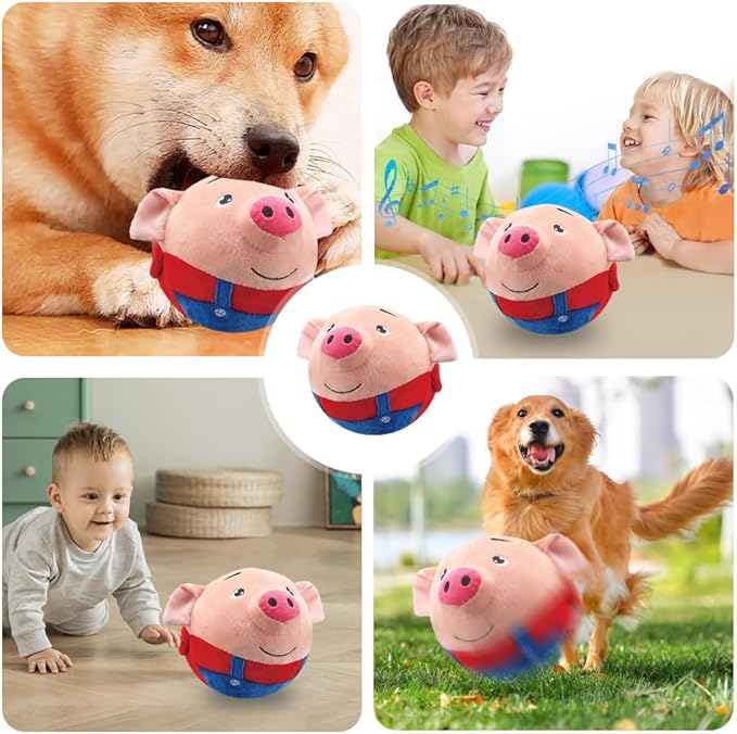 Pink pig-shaped squeaky dog toy, designed for stimulating and jumping fun.