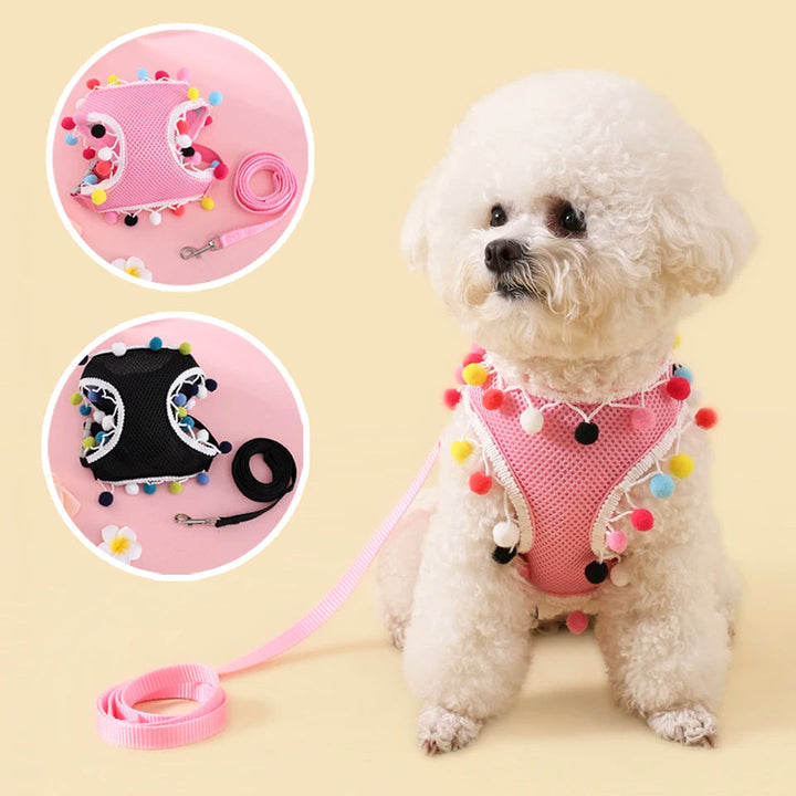 Lightweight pink mesh dog harness for small dogs, ensuring breathability and adjustability for pets