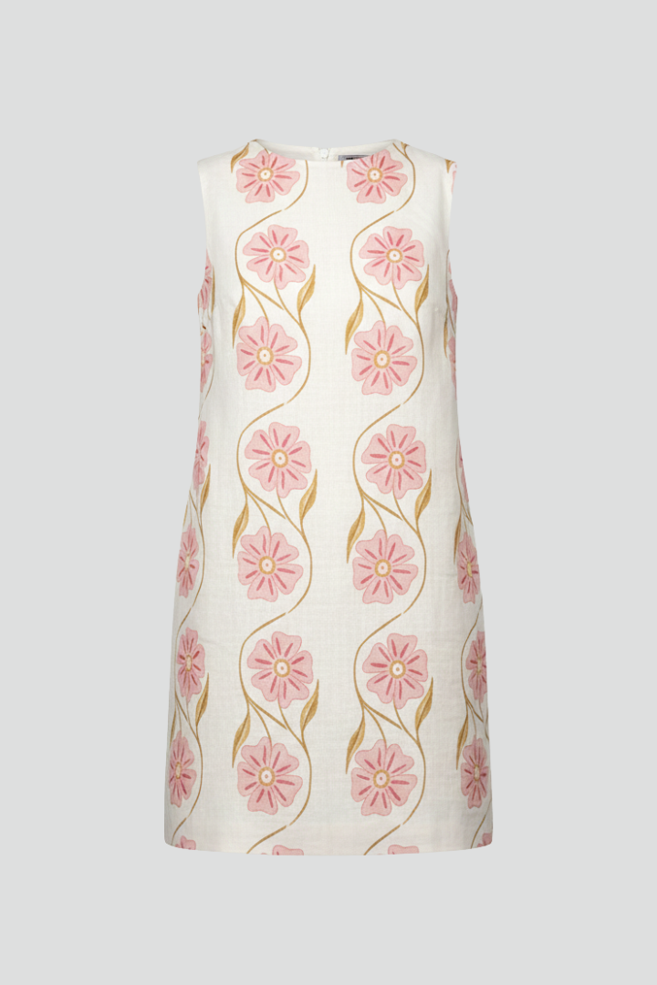 Pink floral mini dress for women, sleeveless A-line summer style. Perfect casual vacation outfit.