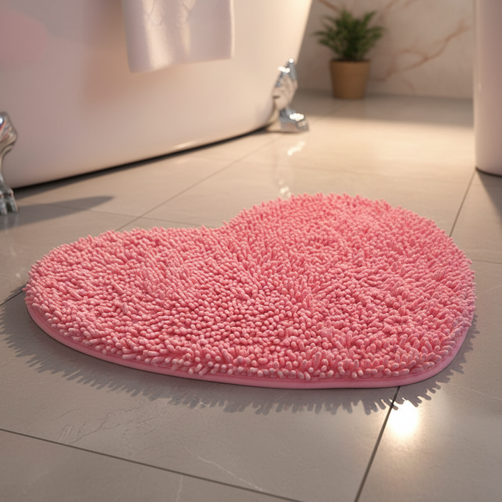 Pink heart-shaped plush bath mat, soft microfiber, absorbent & non-slip for women's spa-like bathroom comfort.