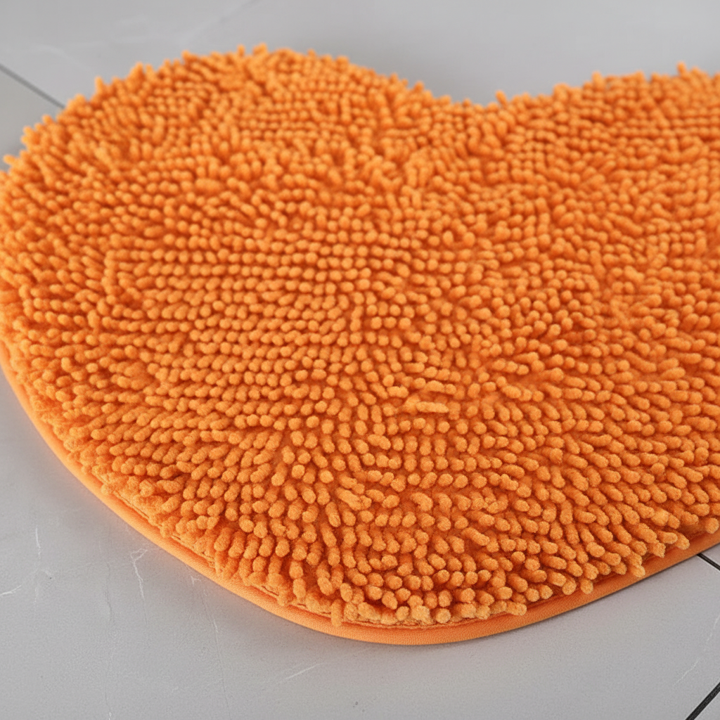 Light pink heart-shaped microfiber bath mat. Plush, highly absorbent, and non-slip for a cozy, spa-like bathroom.