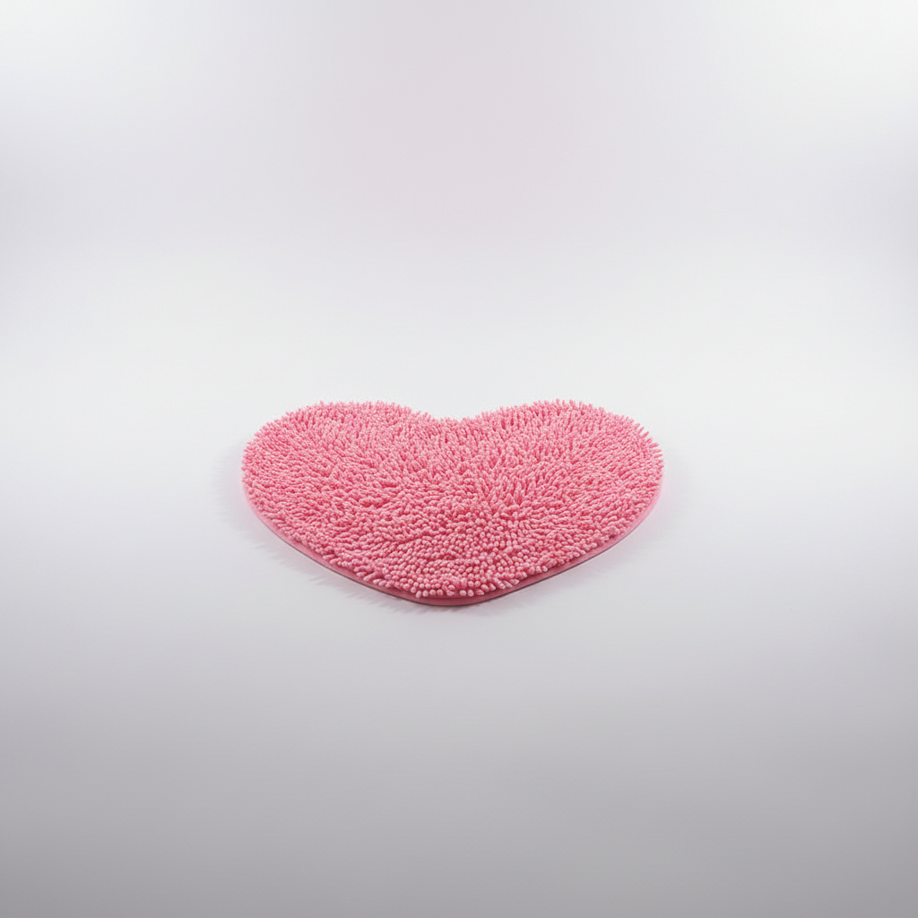 Plush heart-shaped bath mat in rich pink. Thick microfiber, non-slip backing, offering luxurious comfort & absorbency.