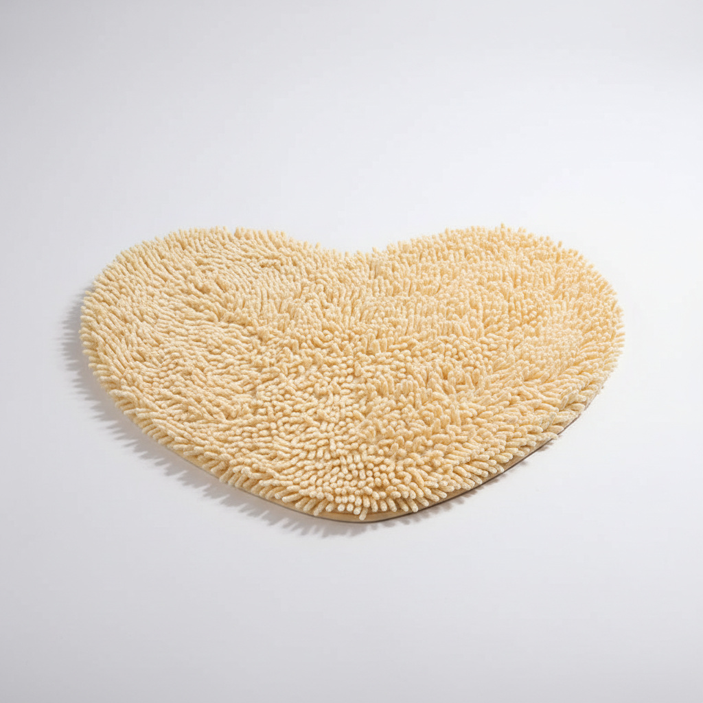 Women's heart-shaped plush bath mat. Microfiber, non-slip, provides spa-like comfort and beautiful bathroom decor.