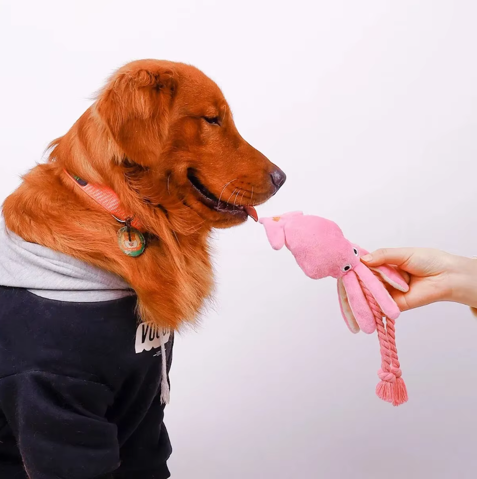 Pink plush squid dog toy for interactive chewing and pet entertainment