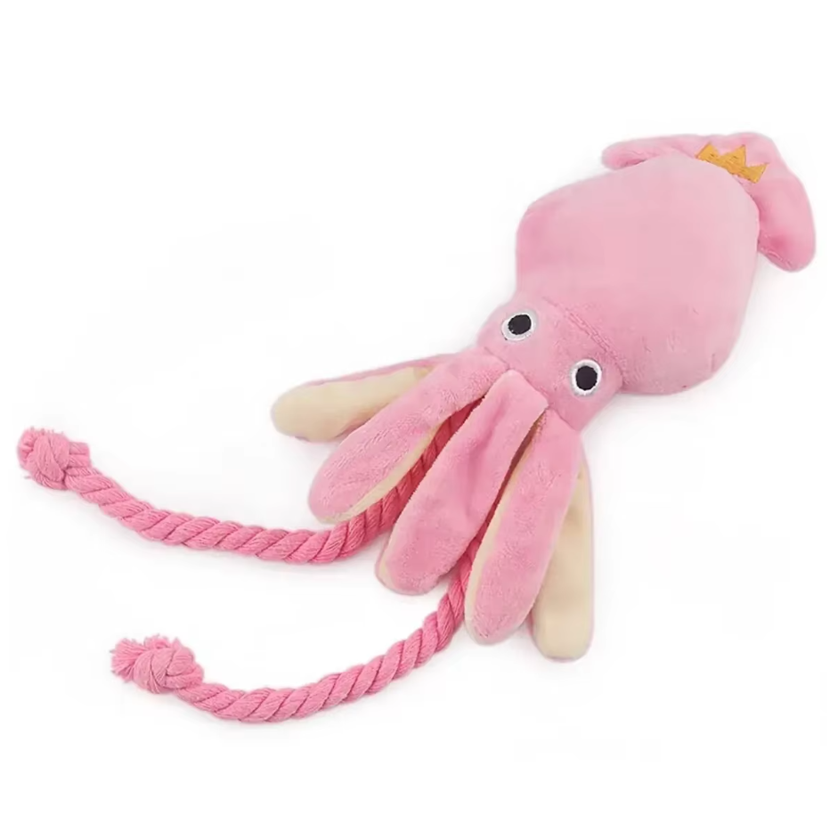 Unisex pet interactive chew toy, soft pink plush squid for dogs