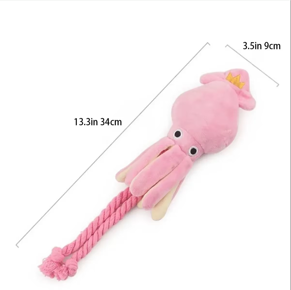 Plush squid dog toy in pink, perfect for dog chewing and interactive play