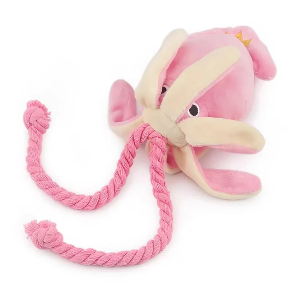 Cute pink plush squid dog toy designed for pet interactive chewing fun