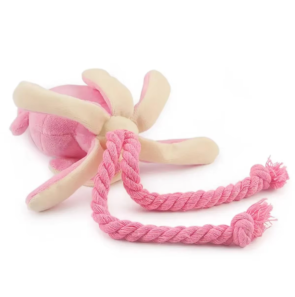 Dog chew toy, interactive pink plush squid for canine entertainment