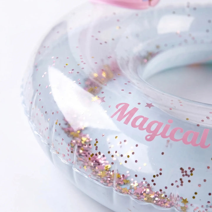 Vibrant pink Sparkella unicorn inflatable pool float, a magical water toy for children's outdoor play.