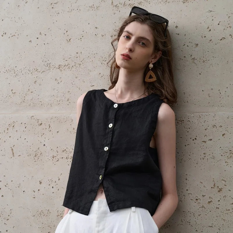 White women's asymmetric sleeveless crop top. Comfortable crew neck, trendy asymmetric hem for casual fashion.