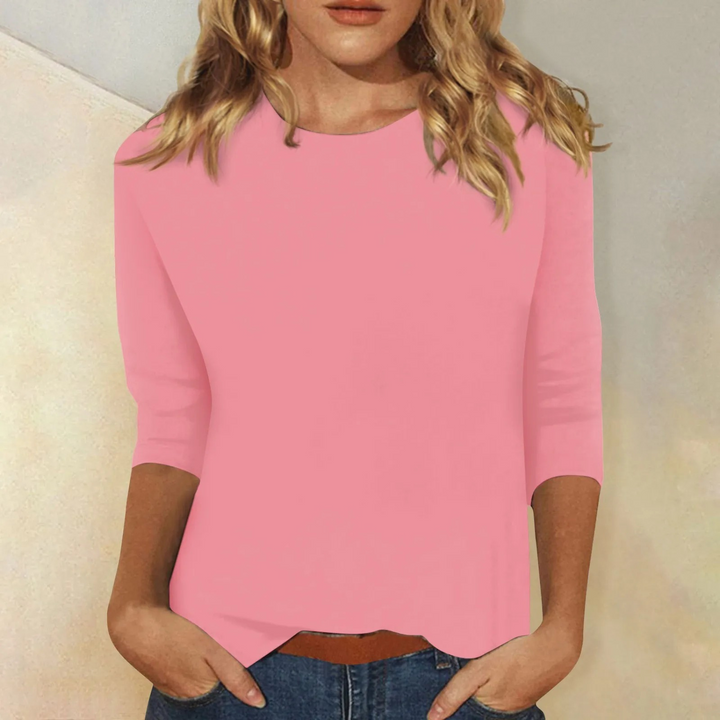 Pink women's comfortable 3/4 sleeve round neck top, perfect for casual everyday wear & versatile style.