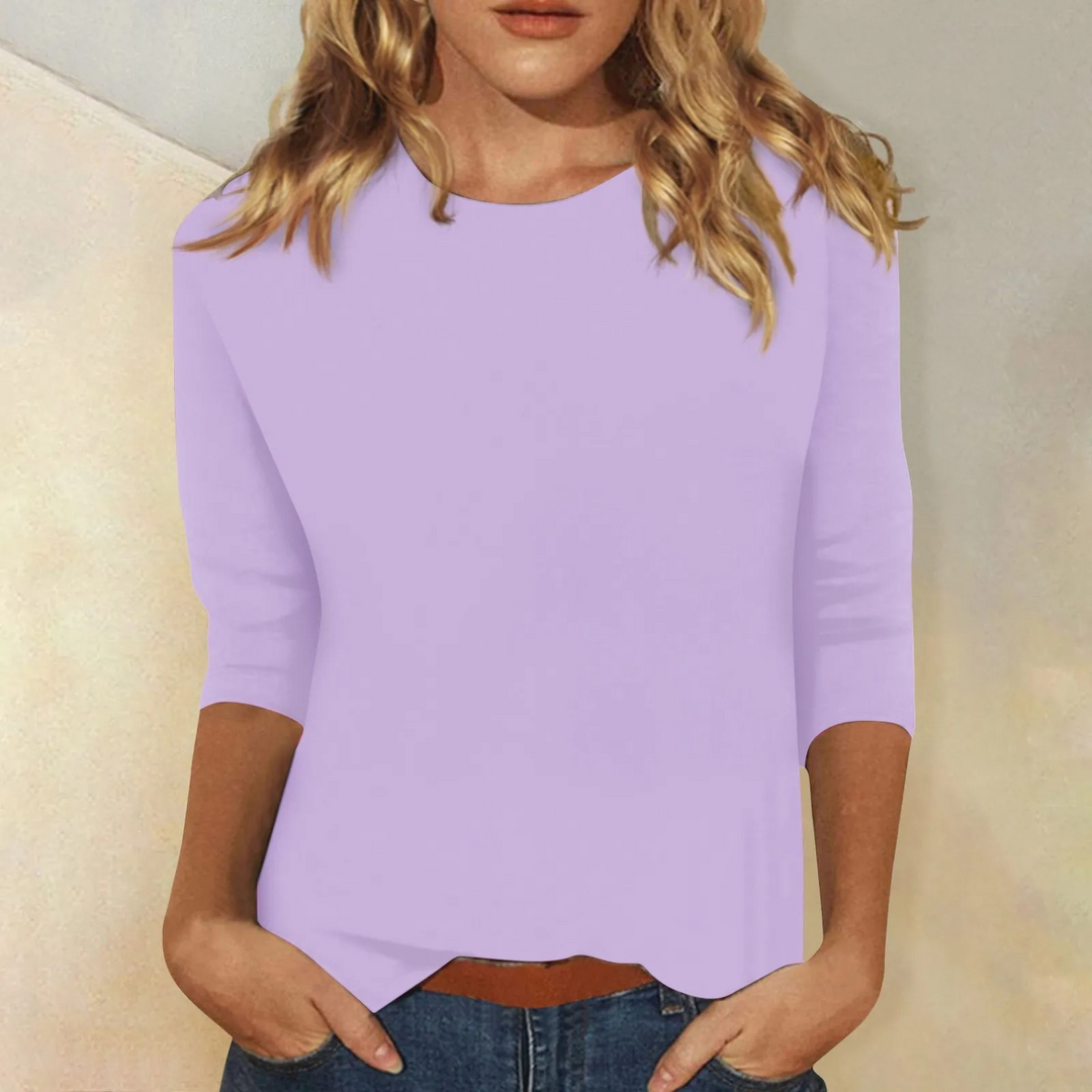 Purple women's comfortable 3/4 sleeve round neck top. Versatile & a perfect minimalist everyday casual staple.