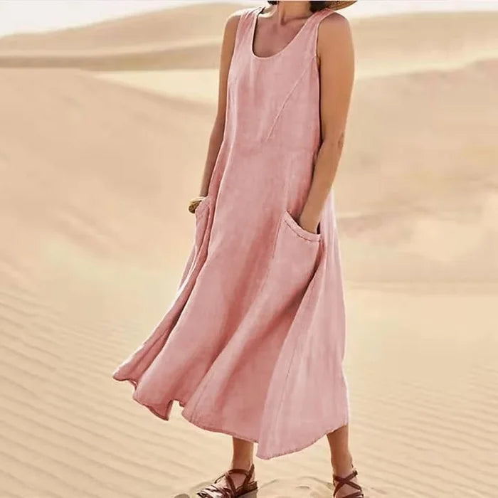 Pink women's everyday dress, classic design, versatile for casual wear.