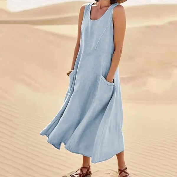 Blue flowy summer dress for women, comfortable & stylish day wear.