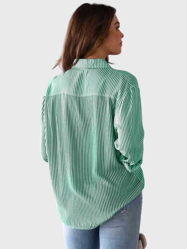 Stylish sand striped collared shirt, women's long sleeve top for versatile fashion.