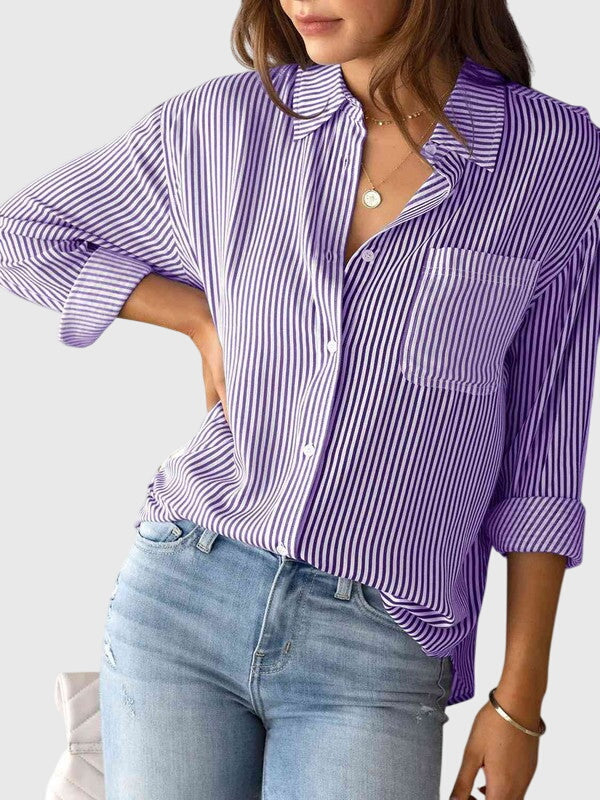 Women's blue striped collared shirt, perfect for everyday chic and office wear.